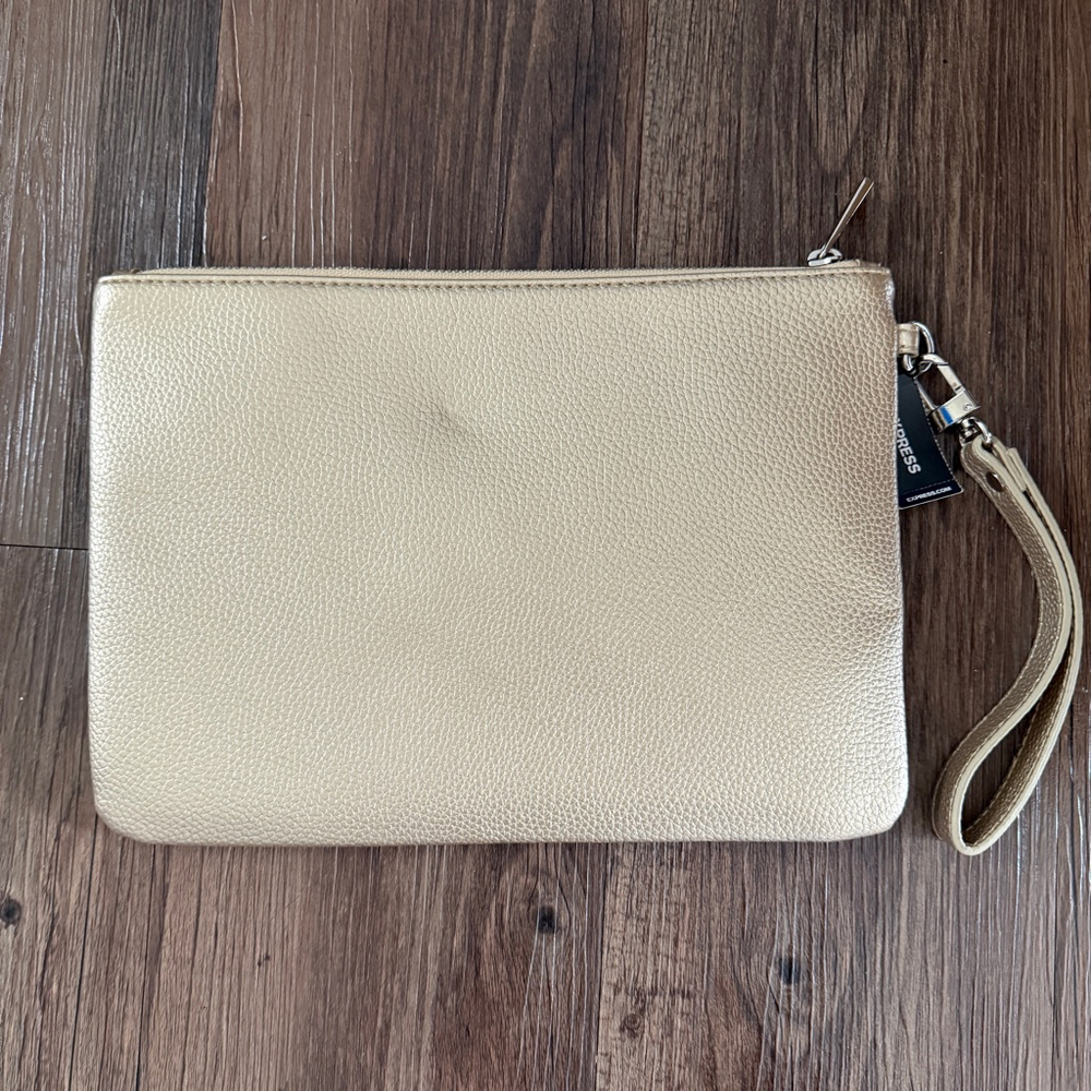 Express OS Gold Fauxā Leather Wristlet Clutch Pebble Grain Zip Pouch Accessory